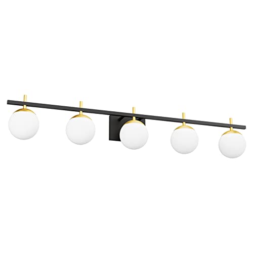 Image of Ralbay Mid Century Modern Bathroom Vanity Light Fixture 5 Light Milky Glass Globe Modern Bathroom Light Fixture Over Mirror, Black /Golden 5 Light