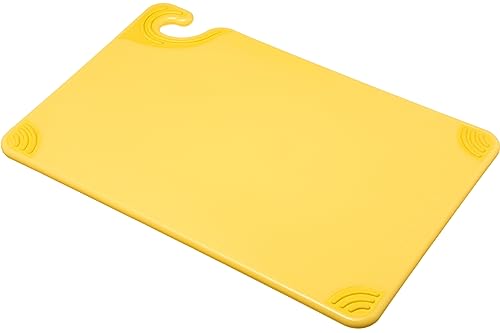 Image of San Jamar Saf-T-Grip Plastic Cutting Board with Safety Hook, 12 inch x 18 inch x 0.5 inch, Yellow, (Pack of 6)