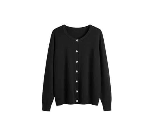 Suéter de manga larga con cuello redondo para mujer, ajustado, suave, de manga larga, con botones, Negro, 3XL
