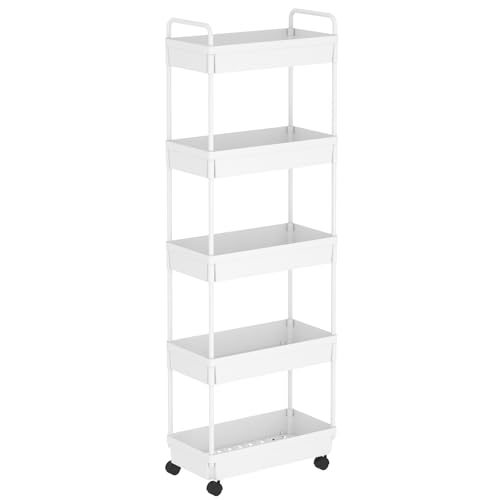 Image of Buzowruil Rolling Storage Cart 5 Tier Organizer Mobile Shelving Unit Storage Rolling Utility Cart with Wheels for Kitchen Bathroom Laundry,White