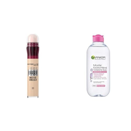 Maybelline New York Instant Anti Age Eraser Kapatıcı, 00 Ivory, 6.8 ml + Garnier Skin Naturals Micellar Kusursuz Makyaj Temizleme Suyu (400 ml)