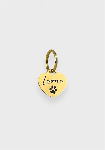 Hundemarke mit Gravur | Personalisiert mit Name, Telefonnummer, Handschrift, Pfote, Herz-Form | ⌀25mm Edelstahl Dog Tag, Namens-Anhänger für Hunde-Halsband, Alpaka, Pferd | Gold