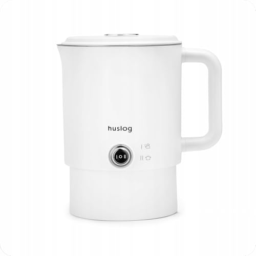 huslog Bouilloire Électrique de Voyage 2 en 1 0,8L Pliable Blanche, 650W, Acier Inoxydable 304, Double Paroi, Base 360° avec Câble Intégré, Mini Casserole...