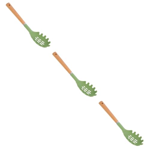 KICHOUSE 3pcs Wooden Handle Silicone Powder Grip Spaghetti Os Vegetable Fork Spoon Spaghetti Strainer Spaghetti Server Spoon Serving Spoons Egg Spoon Slotted Spoon Green Stainless Steel