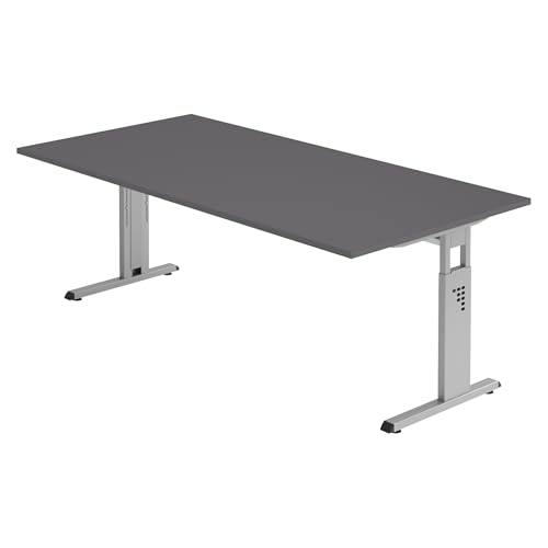 bümö höhenverstellbarer Schreibtisch O-Serie 200x100 cm in Graphit, Gestell in Silber - großer PC Tisch für's Büro manuell höhenverstellbar, Computertisch verstellbar