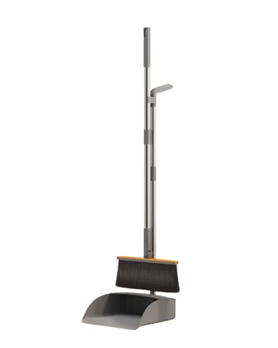 Image of Plastic Broom and Dustpan Set Fordable Windproof Dust Pan with Aluminum Handle Upright Standing Floor Sweep