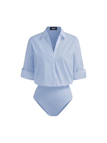 CIDER Womens Shirts Blouse Collar Roll Up Sleeve Shirt Bodysuit Long Sleeve Casual Work Blouse One-Piece Tops