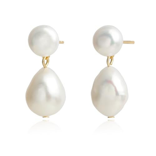Handmade Freshwater Cultured White Baroque Pearl Dangling Drop Earrings for Women, 14K Gold Plated