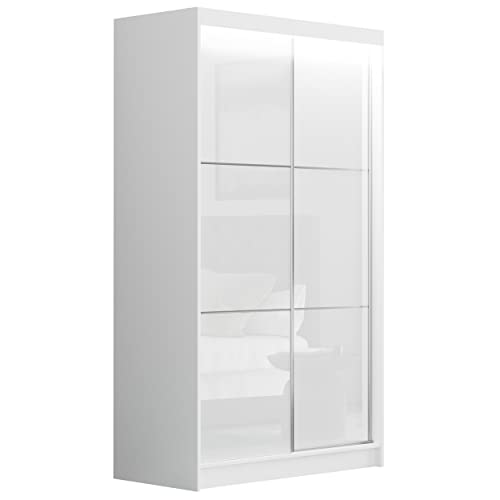 MKS MEBLE Weiß Kleiderschrank - Valencia - 120 cm - Schwebetürenschrank Flurschrank Wardrobe - Schlafzimmerschrank - Modern Design Cover