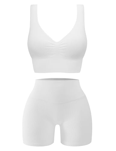 OLCHEE Womens Workout Sets 2 Piece Seamless Ribbed Acid Wash Yoga Outfits Shorts and Sports Bra Matching Gym Set