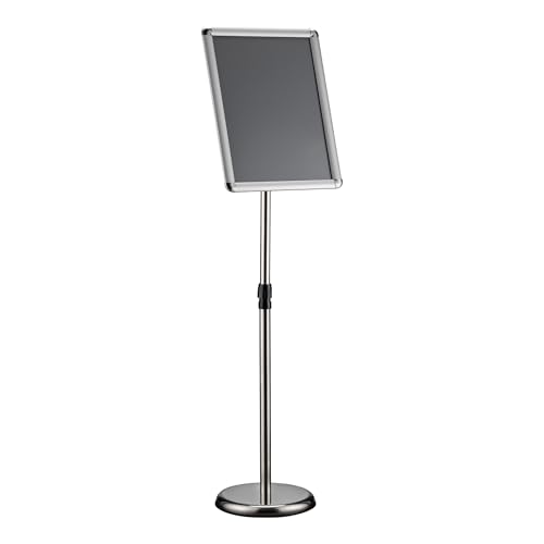 WilTec Soporte para carteles A3 de pie altura ajustable 88-138 cm en aluminio y acero inoxidable, soporte de presentación información, documentos, folletos, soporte publicitario versátil