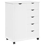 Owoxanthellate Armadio con ruote, bianco, 63,5 x 39 x 79 cm, in legno massello di pino, mobile mobile con 5 cassetti e scaffale, per casa, ufficio, soggiorno