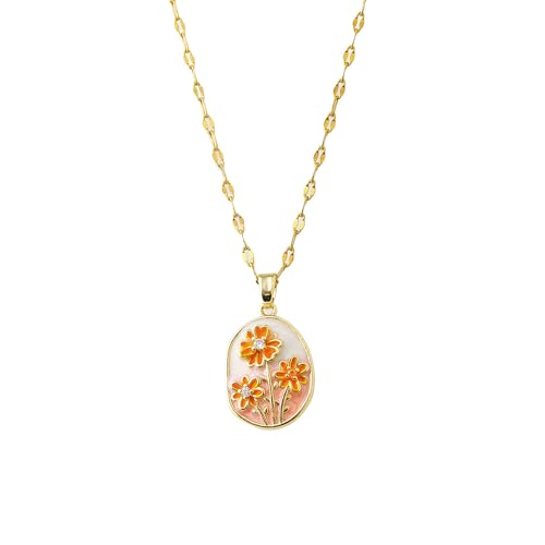 Sweet Three Dimensional Orange Enamel Flowers Cameo Irregular Oval Pendant