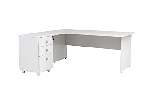 furni24 Schreibtisch Winkelschreibtisch, Eckschreibtisch, Moderner Bürotisch Computertisch mit großer Arbeitsfläche, Holzbeinen, Bürotisch, PC Tisch, Dona Grau inkl. Beistellcontainer Links gewinkelt