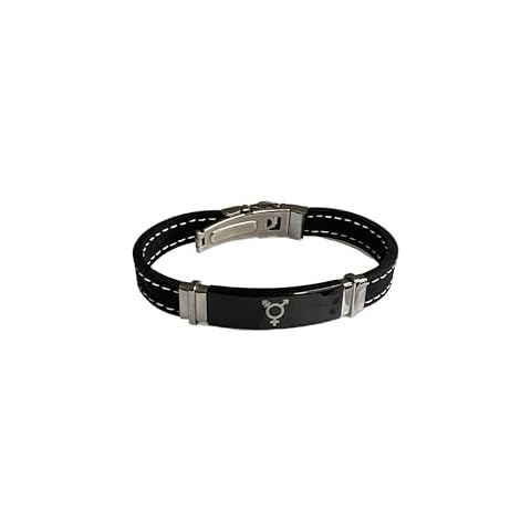 Transgender Black Rubber Bracelet with White Stitch Trim and Stainless Steel Id Design Cover