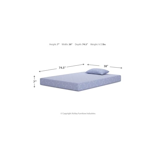 Image of Signature Design by Ashley Twin Size iKidz 7 Inch Firm Gel Memory Foam Mattress with Stretch Knit Cover & Pillow Included, Blue Ocean, Fiberglass-Free, Mattress in A Box