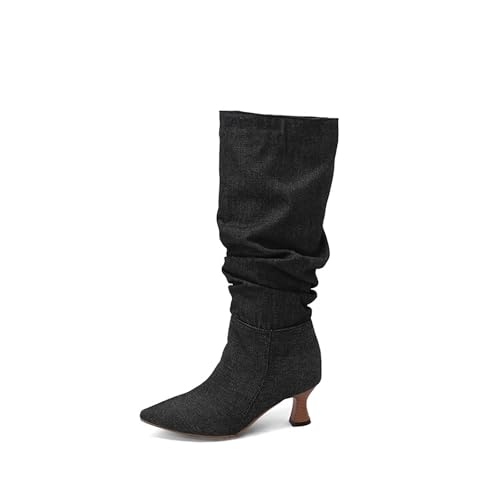 Xbemkste Bottes pour femme avec talon et genoux - Élégantes - Bottes hautes pour femme - Bottes à enfiler - Style décontracté - Bottes de transition, Noir , 37.5 EU