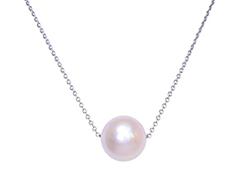 Extra Large 12mm Single Genuine Pearl Pendant Necklace, White Freshwater Pearl with length adjustable necklace (16" - 18")