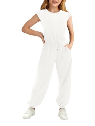 Haloumoning Mädchen Jumpsuits Kinder Mode Lange Hosen Mädchen Sommer Kurzarm Overall Casual Sport Jumpsuit, Weiß, 8-10 Jahre