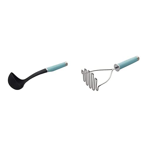 KitchenAid Gourmet Stainless Steel Wire Masher, One Size, Matte Aqua Sky & Gourmet Nylon Ladle, One Size, Aqua Sky