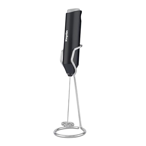 Keplin Handheld Milk Frother with Stand - Stainless Steel Electric Whisk - Portable Battery-Operated Coffee Frother for Lattes Matcha Protein Shakes - Ergonomic Compact Easy to Clean
