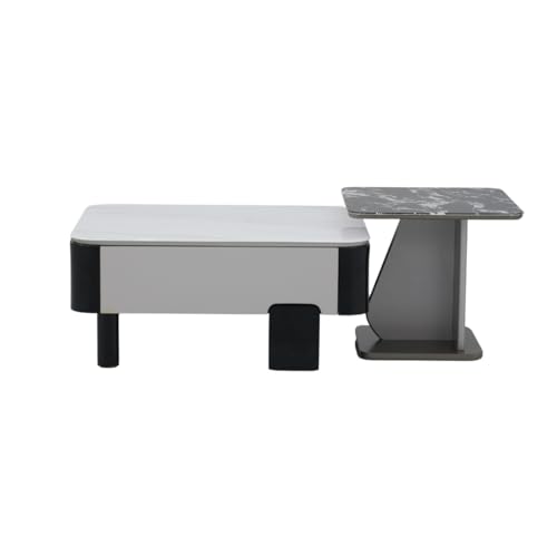 Image of Royaloak Seattle American Glass Coffee Table Set of Two | Tempered Glass with Marble Effect Surface & Black Body | Drawer Storage, Asymmetrical Side Design, Stylish Centre Table for Living Room