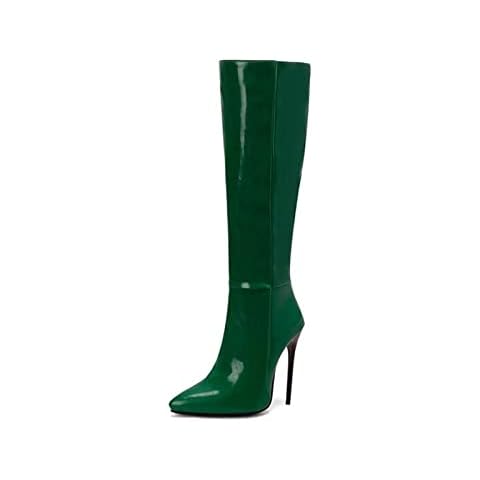 WOkismD 12CM/4.72IN Nightclub Sexy Patent Leather Over-The-Knee Boots Stiletto Pointed Toe Super High Heel Bright Leather Large Size Shoes,Green,48 Cover