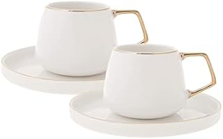 KARACA Saturn Turkish Coffee Cups, Espresso Cups Set of 2 Includes 4 Pieces, 3 oz Espresso Cup Set, Small Espresso Cups and Saucers, Set of 2 Demitasse Cups with Gold Handle on White Porcelain
