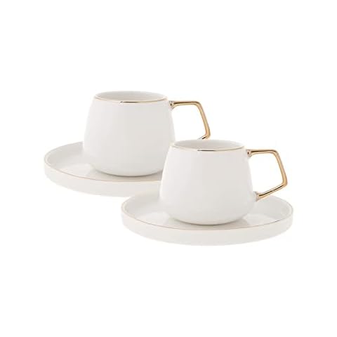KARACA Saturn Turkish Coffee Cups, Espresso Cups Set of 2 Includes 4 Pieces, 3 oz Espresso Cup Set, Small Espresso Cups and Saucers, Set of 2 Demitasse Cups with Gold Handle on White Porcelain Cover