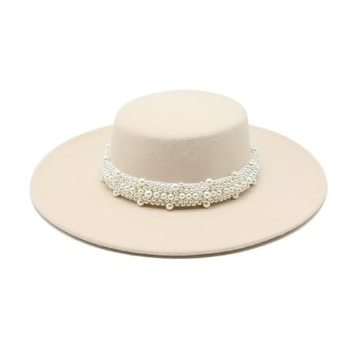 NOAMED Cap New French Style Pearl Chain Flat Top Wool Hat, Autumn and Winter Children's Fashionable Big Brim Hat Fengyan Cowboy Hats (Color : Beige, Size : 56-58cm)