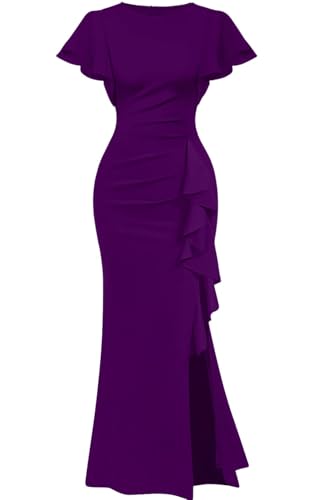 Memoriesea Women's Elegant High Split Ruched Bodycon Mermaid Evening Cocktail Maxi Dress Purple