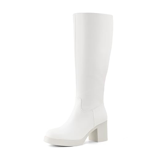 Image of Shoe'N Tale Platform Knee High Boots for Women Block Chunky Heel Round Toe Side Zipper Tall Boots