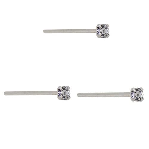 3 pendientes nariz palo recto de plata de ley 925 con circonita muy pequeña de 1,5mm, finos con grosor del palo 0,6mm