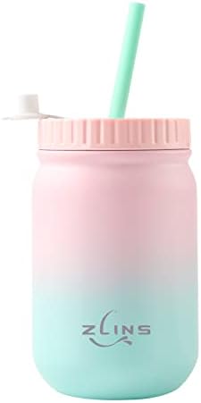 ZLINS Cup with Straw and Lid,Iced Coffee Travel Mug,Stainless Steel Drinking Tumbler,Insulated Reusable Metal Cup,Hot Cold for Smoothie, Milkshake,Cocktails,14OZ(Pink/Blue)