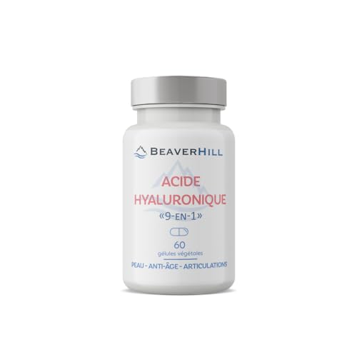 Acide Hyaluronique | 9 principes actifs | BEAVERHILL | 60 gélules végétales | 1 mois | Acide hyaluronique - N. acétylglucosamine - OPC Extrait pépins de raisin - CoQ10 - Vitamines C, B2, B3, B8 et E