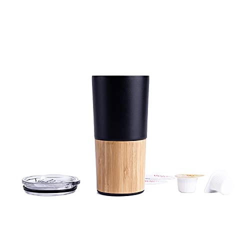 Bamboo Coffee Mug, Stainless Steel Beverages Travel Mug Cup , Insulated Wooden Beer ,Tea Tumbler Leak-Proof Flip Lid - Light & Portable For Workplace, Keeps Drinks Hot Or Cold Long-Time (Black) #TOP6