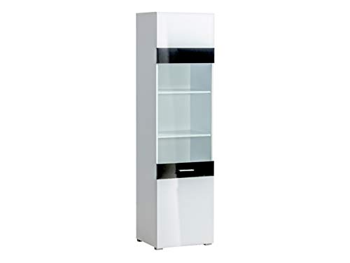 Preisvergleich Produktbild Mirjan24 Standvitrine Ginger GR01, Vitrinenschrank, Stauraumvitrine, Gehärtetes Glas, Hochschrank, Highboard, Schrank, Vitrine (weiß / weiß Hochglanz + schwarz Hochglanz)