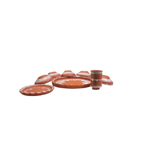 Image of Terracotta Dinner Thali Set - 9 Pc Handmade Clay Earthenware Tableware | Eco-Friendly Traditional Dinnerware | Aiburo Bhaat Rice Feeding Ceremony Special Set