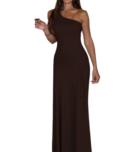 Vestido largo de otoño de 2025, color sólido, hombro único, cuello inclinado, falda larga, vestido ajustado al por mayor, marrón, L