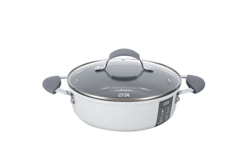 Fatto in Casa da Benedetta Tegame Antiaderente (diametro 24 cm) Alluminio 100% riciclabile con Coperchio in Vetro – Adatto anche per Induzione, Non contiene Metalli pesanti (Colore Grigio)