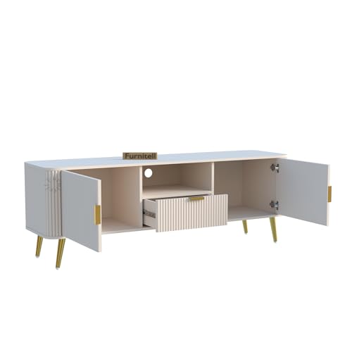 Image of Luxury 60 Inch TV Unit for Living Room, Modern White HDMR Wood TV Cabinet for 55-75 Inch TV, Entertainment Console Table with 1 Drawer, 2 Doors & Open Shelf Storage (Iron Legs)