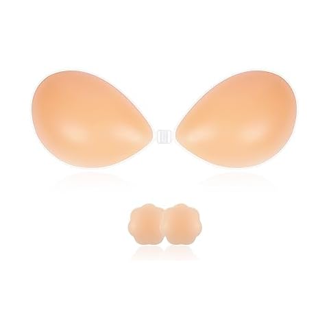 SHINYMOD Women's Adhesive Strapless Sticky Invisible Push up Silicone Bra for Backless Dress with Nipple Covers, Beige, B Cover