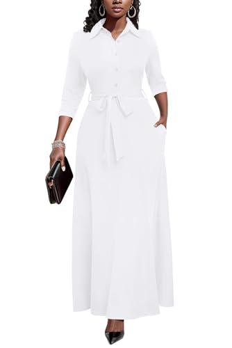 Image of Runwind Women Church Maxi Dresses 3 /4 Sleeve Button Down Print Casual Office Dress African
