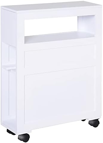 HOMCOM 6.25" x 20.5" x 28.25" Wood Rolling Narrow Bathroom Side Storage Cabinet - White