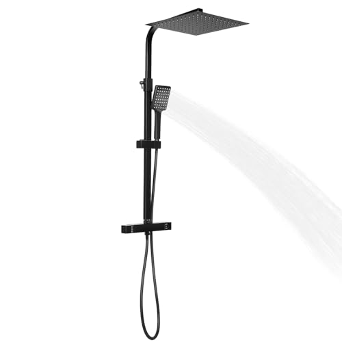 DioPaiB Juego completo de grifo de ducha, sistema de ducha, grifo cuadrado de 30 x 30 cm, ducha de lluvia con ducha de mano y barra termostática, color negro