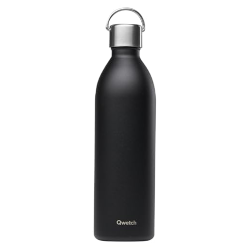 Qwetch - Bouteille Isotherme Active Noir 1L - Gourde avec Anse Inox Recyclé - 24h Froid et 12h Chaud - Etanche, Sans BPA &amp; Compacte
