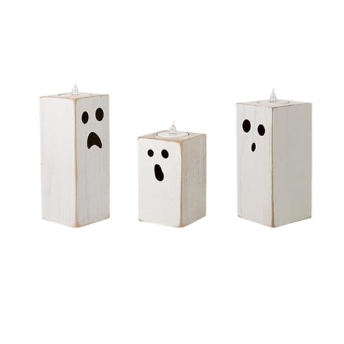 3PCS Halloween Wood Tealight Candle Holders Rustic Wooden Ghost Theme