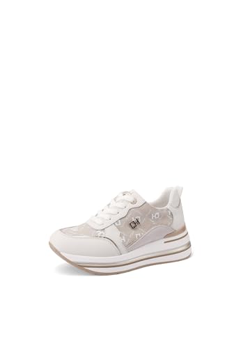 QUEEN HELENA Zapatillas de cuero genuino con cuña Zapatillas de deporte Casual Mujer QH9012, blanco y dorado., 39 EU