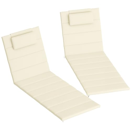 Outsunny Pack 2 Cojines para Tumbonas Plegables Colchonetas para Tumbonas de Jardín Exterior 203x66x3 cm con Reposacabezas y Correas de Sujeción Crema