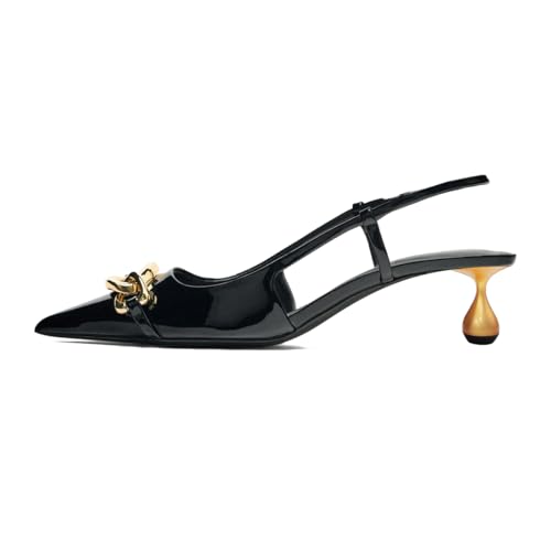 XYD Women Gold Chain Pointed Toe Slingback Heels Pumps Closed Toe Slip On Metal Block Low Heels Office Party Evening Shoes2